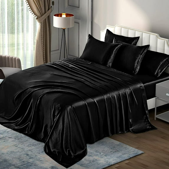 6 Pieces Full Satin Sheets Luxury Silky Black Satin Bedding Sheet Set, 1 Deep Pocket Fitted Sheet + 1 Flat Sheet + 4 Pillow Cases