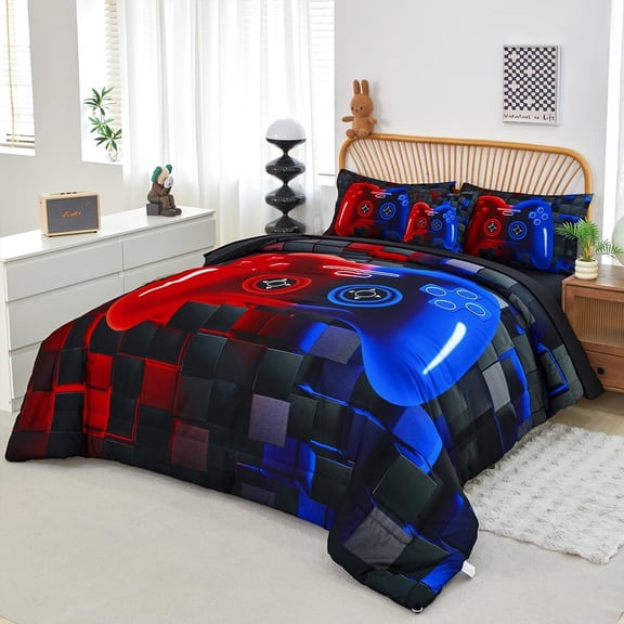 6 Pieces Gaming Bedding Sets Full Size Red and Blue Gamer Comforter Set for Boys Girls Soft Fluffy 3D Cool Video Game Kids Bed in A Bag for All Seasons(Red Blue, Full)