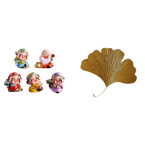 6 Pieces God of Fortune Figurine Desktop Ginkgo Wall Sculpture Resin Wrought Iron Decor for Living Room