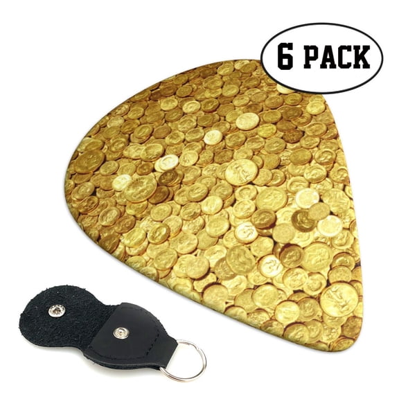 6 Pieces Gold Coins Amazing Guitar Picks for Guitar Bass Music Instruments with 1 Pick Leather Pick Holder