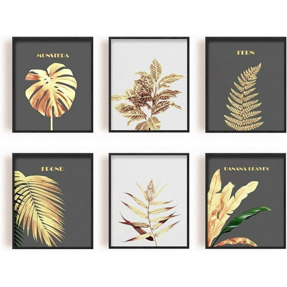 6 Pieces Golden Plants Canvas Prints Leaves Wall Art Unframed Pictures Tropical Plant Leaves Painting for Living Room Office Bedroom Bathroom Study Room (No Frame) Mixed Color