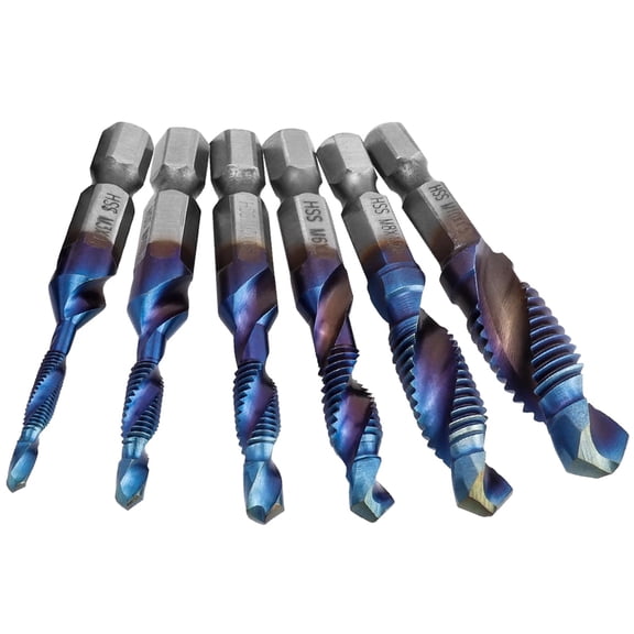 6 Pieces HSS Tap Drill Bit Set M3 M4 M5 M6 M8 M10 Combination Drill & Taps Bits Hex Shank Blue Coated Spiral Screw Thread Tapping Tools for Drilling, Chamfering and Countersinking