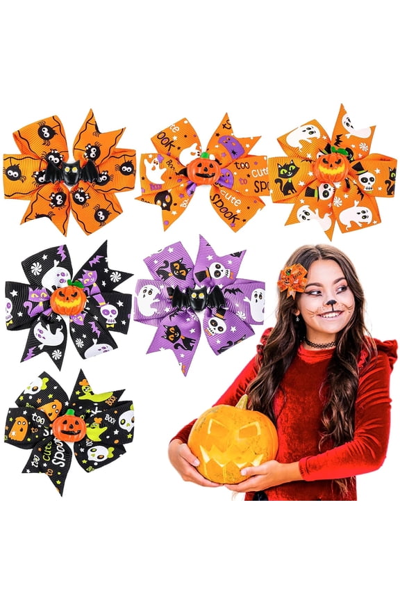 6 Pieces Halloween Hair Bows Clips, Bow Hair Pins, Pumpkin Bat Pattern Cute Clips Barrette, Boutique Hairband Accessories for Baby Girls