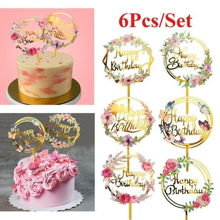 6 Pieces Happy Birthday Cake Toppers,gold Flower Acrylic Cupcake Cake Toppers For Various Birthday Party Anniversary Pastries Decorations,diy Hand Tools Kits,springtok
