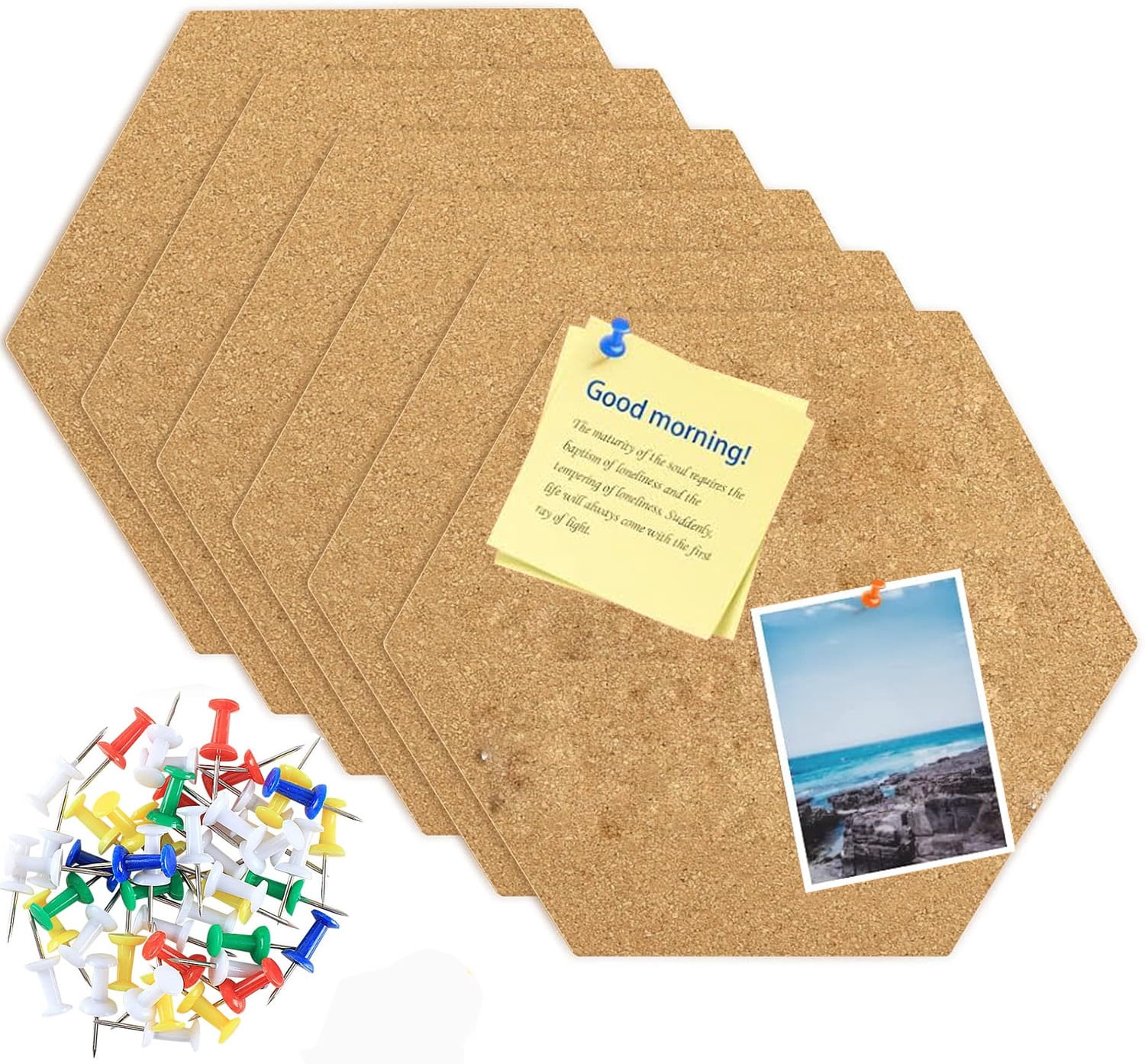 6 Pieces Hexagon Cork Board for Walls,Bexikou 20 x 17.5cm Cork Board Tiles,Self Adhesive Bulletin Board with 100 Pcs Push Pins for Pictures, Photos, Notes, Drawing, Memo