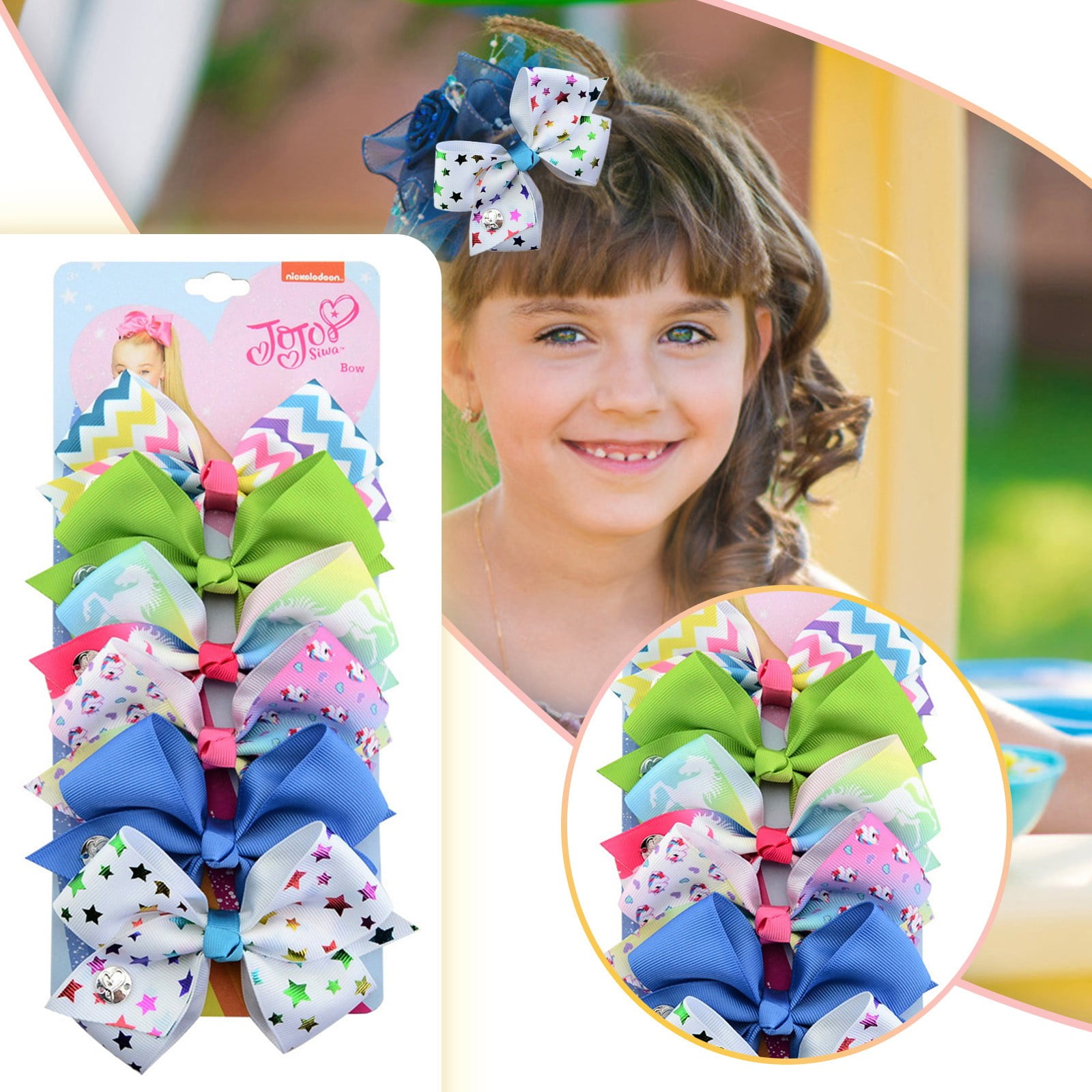 6 Pieces In A Clip Girls Hair Bow, Ribbon Bow Clip Clip, Rainbow Girls