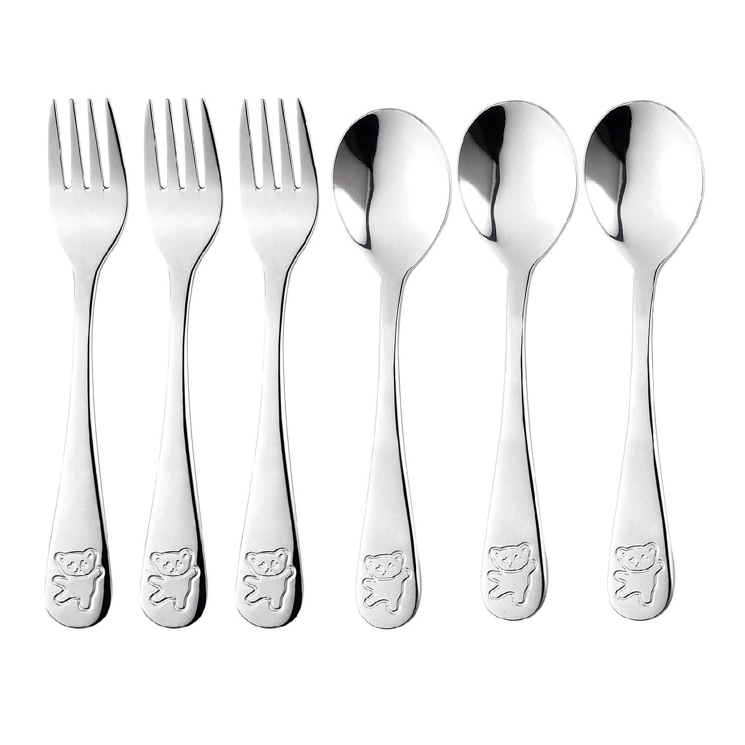 Austok 6 Pieces Kids Silverware,Toddler Utensils Stainless Steel Baby Forks and Spoons Set,3 x Safe Forks,3 x Children Spoons with Round Handle for