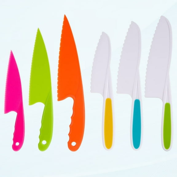 6 Pieces Kitchen Safety Knives for Kids, Kids Chef's Knife, Firm Handle, Serrated Edges for Vegetables, Fruits, Salads, Cakes (Green, Blue, Yellow)
