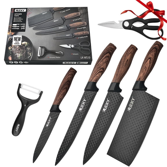 6 Pieces Knife Sets for Kitchen, Dishwasher Safe Kitchen Knife Set, Anti-Rust Chef Knives, Bread Knife, Scissor & Peeler - Black