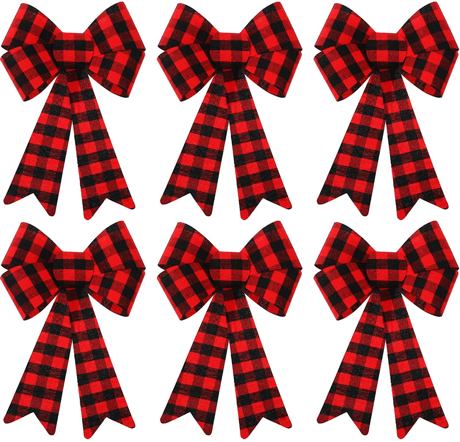 6 Pieces Large Christmas Wreath Bow Buffalo Plaid Christmas Bow PVC Plastic Xmas Plaid Check Wrapping Bow for Christmas Indoor Outdoor Decorations - Red and Black