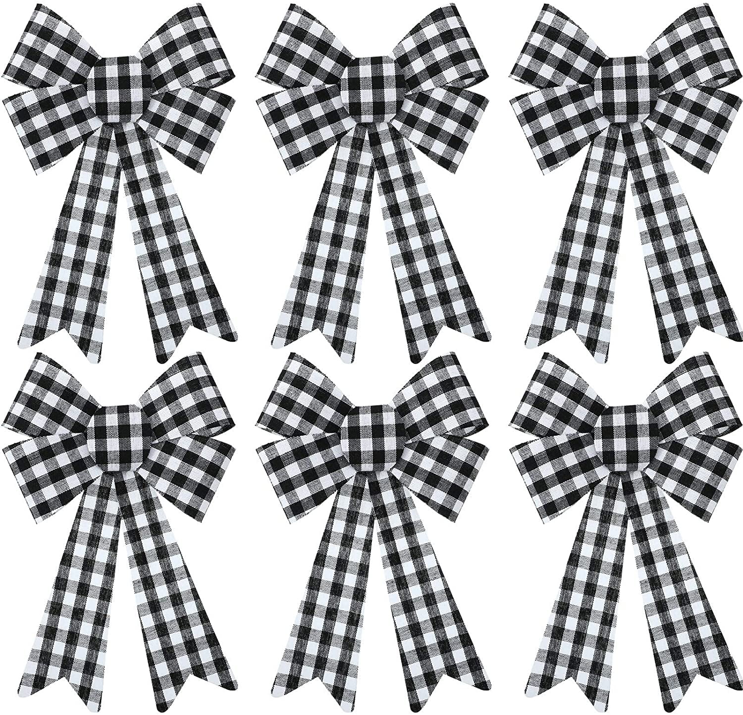 6 Pieces Large Christmas Wreath Bow Buffalo Plaid Christmas Bow Xmas Plaid Check Wrapping Bow for Christmas Indoor Outdoor Decorations - Black and White
