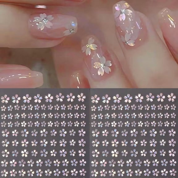 6 Pieces Laser Pink Cherry Blossom Nail Stickers - Japanese Style Self-Adhesive Nail Art for DIY Manicure, Weddings, and Parties
