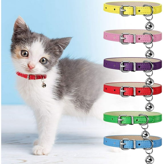6 Pieces Leather Cat Collar with Bell Cute Pet Leather Cat Collar for Boy Girl Cats with Safety Elastic Strap for Small Puppy