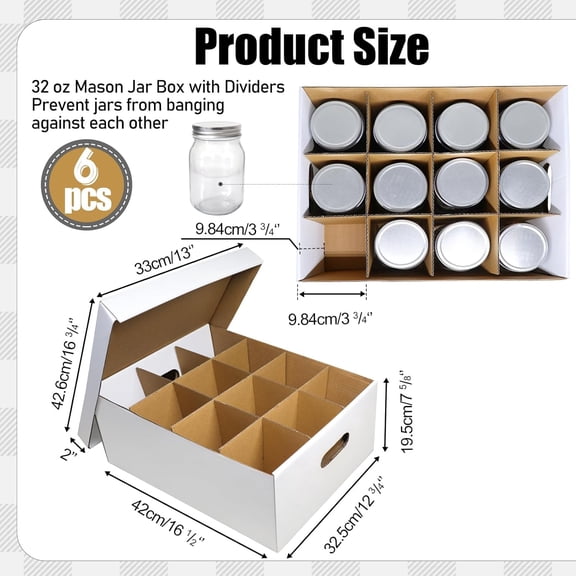 6 Pieces Mason Jar Storage Box for Quart Size Canning, Cardboard Organizer Holder Container for 32 oz Jars, Stacking Packing Moving, White