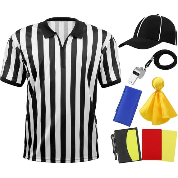 6 Pieces Men's Official Referee Costume Set Official Umpire Jersey Collar Referee Shirt Cards Hat Whistle Penalty Flag Sandbag Rugby Referee Necessities