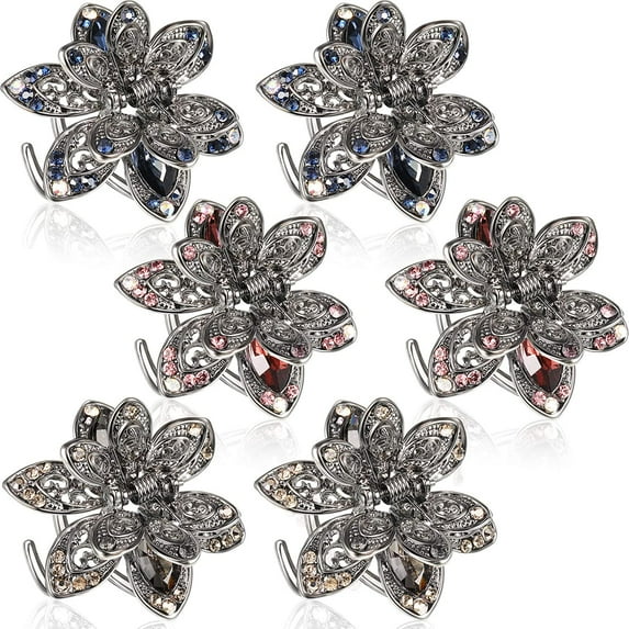 6 Pieces Metal Crystal Rhinestone Hair Claw Mini Jaw Clips Non Slip Exquisite Flower Barrette Vintage Metal Rhinestone Hair Clips Hair Clamp Accessories for Women Girls , 3 Colors