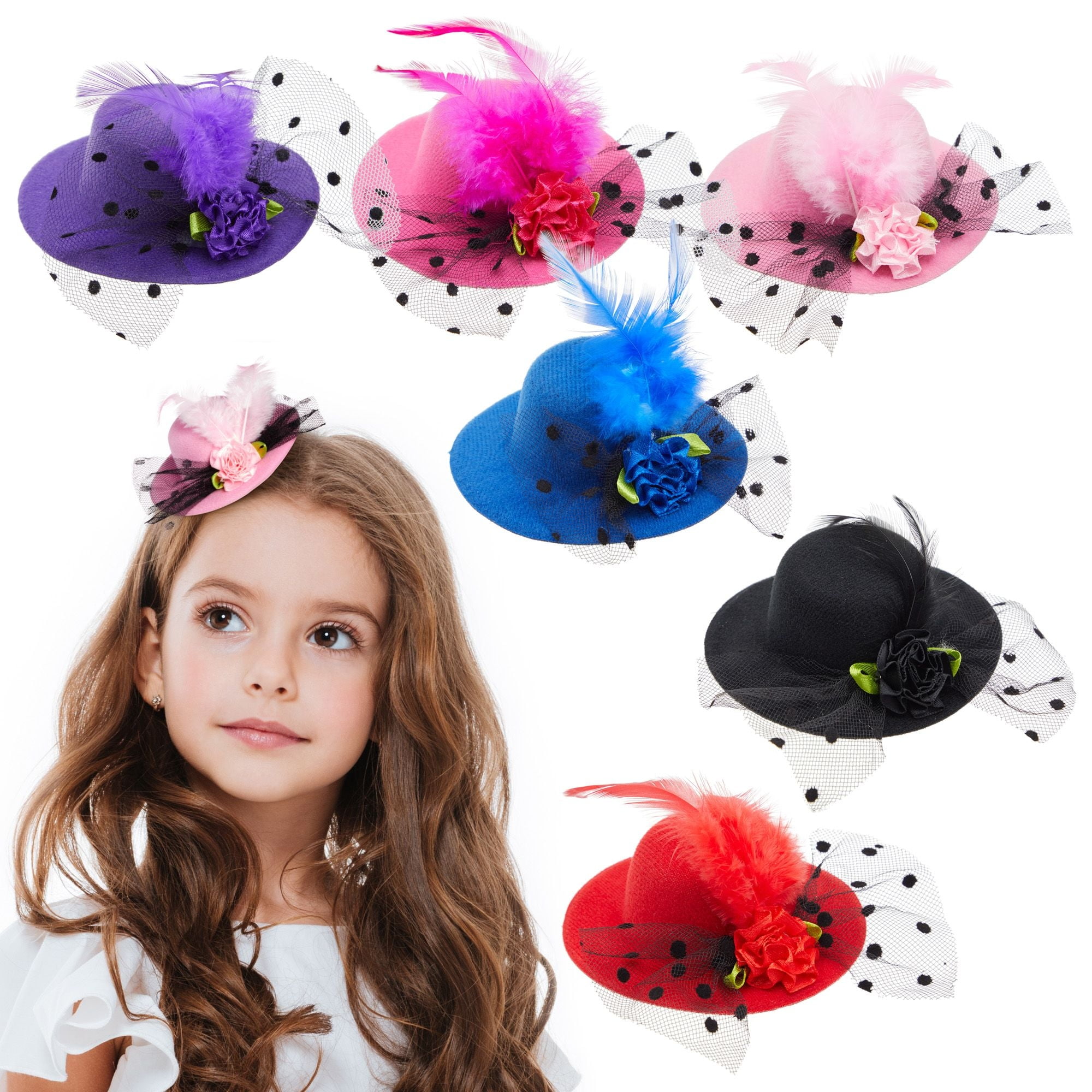 6 Pieces Mini Tea Party Hats for Women, ClipOn Design Fancy Hair