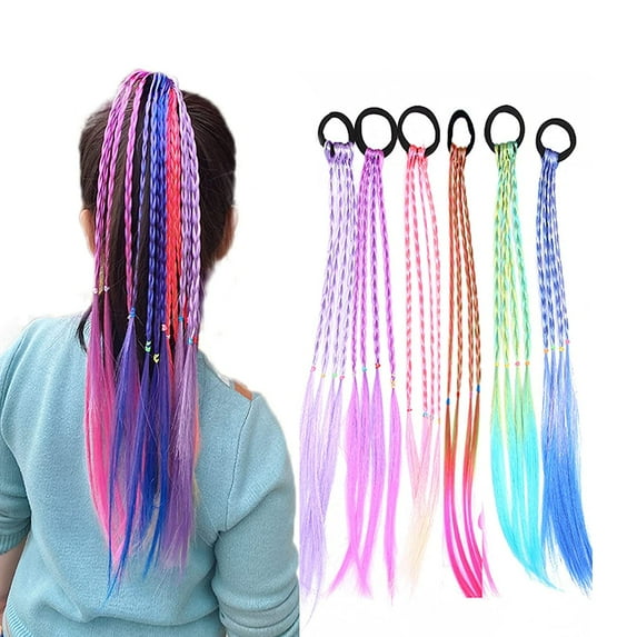 6 Pieces Multicolor Braids Hair Extensions Accessories with Rubber Bands Rainbow Hairstyle Ponytails Braided Synthetic Hairpieces for Women Girls Kids