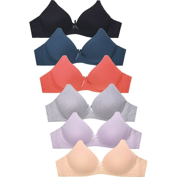 6 Pieces No Wire Full Cup Plain/Lace Polka Dot Light Padded Wire Free Bra (36C)