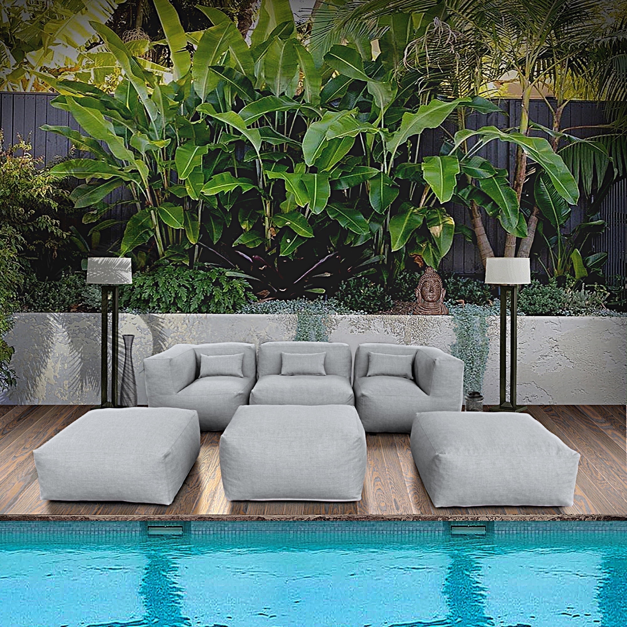 6 Pieces Olefin Patio Conversation Set with Thickened Cushions 5-Seat Outdoor Furniture Set with Bean Bag Chairs (Dark Gray)