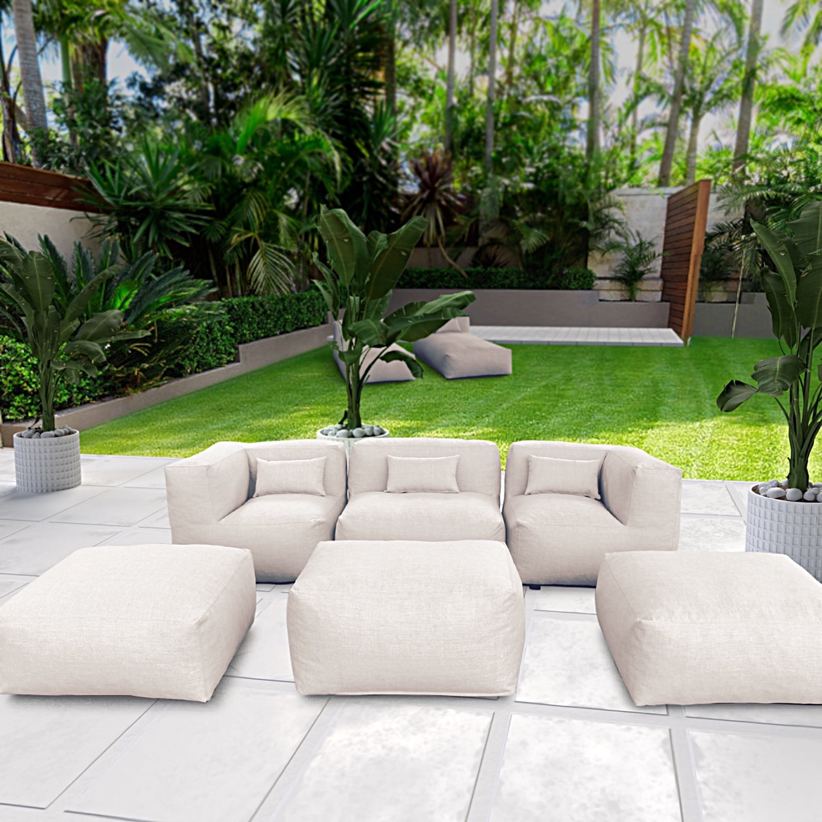6 Pieces Olefin Patio Conversation Set with Thickened Cushions 5-Seat Outdoor Furniture Set with Bean Bag Chairs (Light Beige)