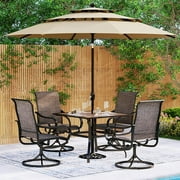 6 Pieces Outdoor Dining Set with Umbrella  Patio Furniture Set with 4 Sling Dining Swivel Chairs 1 x 37 Wood-Like Table and 1 x 10ft 3 Tiers Umbrella (Beige)