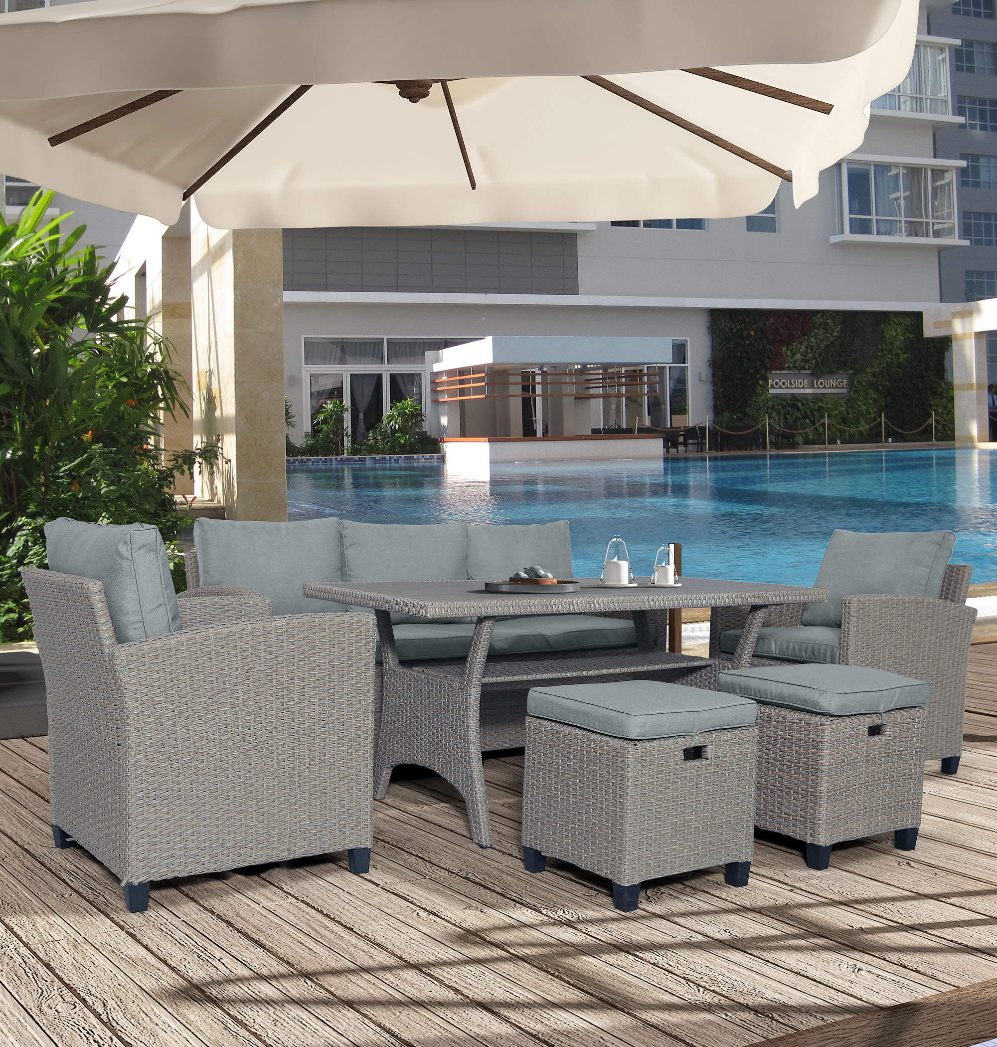 6 Pieces Outdoor Dining Sets, Sectional Sofa Patio Dining Table and Chairs Set, PE Rattan Conversation Set, Gray Wicker Garden Backyard Sectional Sofa - image 1 of 9