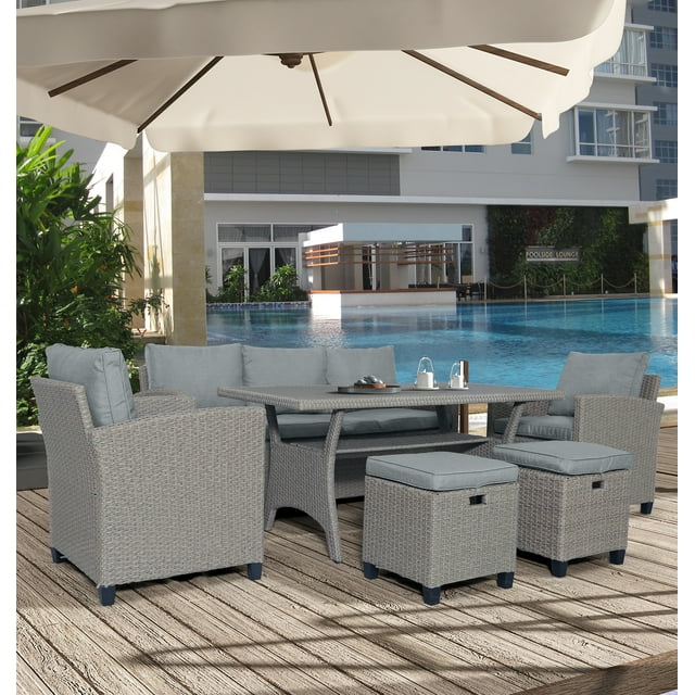 6 Pieces Outdoor Dining Sets, Sectional Sofa Patio Dining Table and Chairs Set, PE Rattan Conversation Set, Gray Wicker Garden Backyard Sectional Sofa