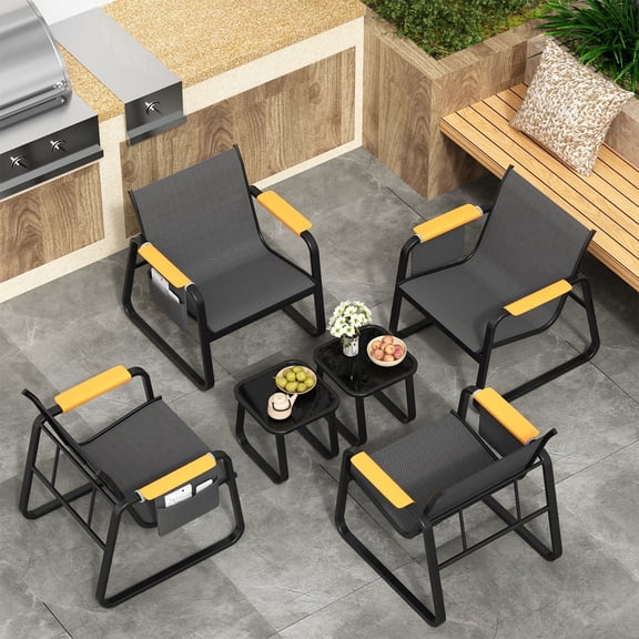 Junkai 6 Pieces Outdoor Patio Bistro Furniture Set, Textilene Chairs With Wide Armrests And Side Storage Pockets, Glass Side Tables, All Weather Conversation Set For Backyard Porch Deck Garden