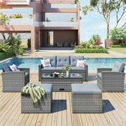 6-Pieces Outdoor Patio Furniture Set, All-Weather Patio Outdoor Dining Conversation Sectional Set with Coffee Table, Wicker Sofas, Ottomans, Removable Cushions (Gray)