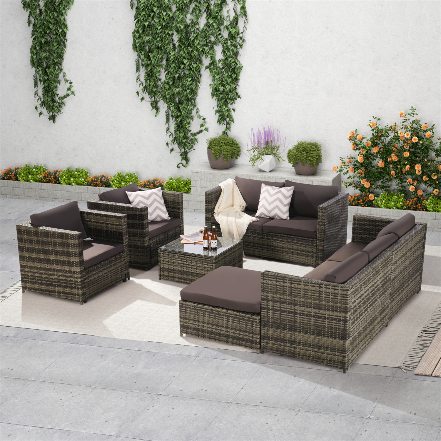 6 Pieces Outdoor Patio Furniture Set, All-Weather Patio Outdoor Conversation Sectional Set with Coffee Table & Ottoman, Wicker Sofas, Black - image 1 of 10
