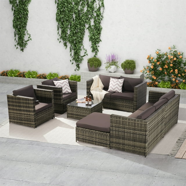 6 Pieces Outdoor Patio Furniture Set, All-Weather Patio Outdoor Conversation Sectional Set with Coffee Table & Ottoman, Wicker Sofas, Black