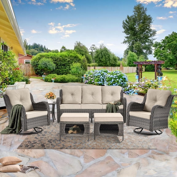 6 Pieces Outdoor Patio Furniture Set, Rattan Wicker Sectional Swivel Rocker Chairs Sets