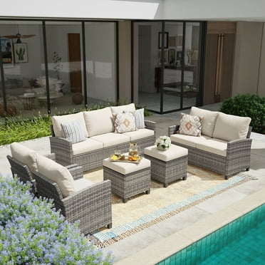 6 Pieces Outdoor Patio Furniture Set, Wicker Outdoor Sectional Conversation Couch Set Gray Wicker&Beige Cushions