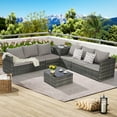 thumbnail image 1 of 6 Pieces Outdoor Patio Furniture Sets, L-Shaped Sectional Conversation Sets with Corner Storage and Glass Top Table, All Weather PE Wicker Rattan Sofa Couch with Tea Table, Light Gray, 1 of 9