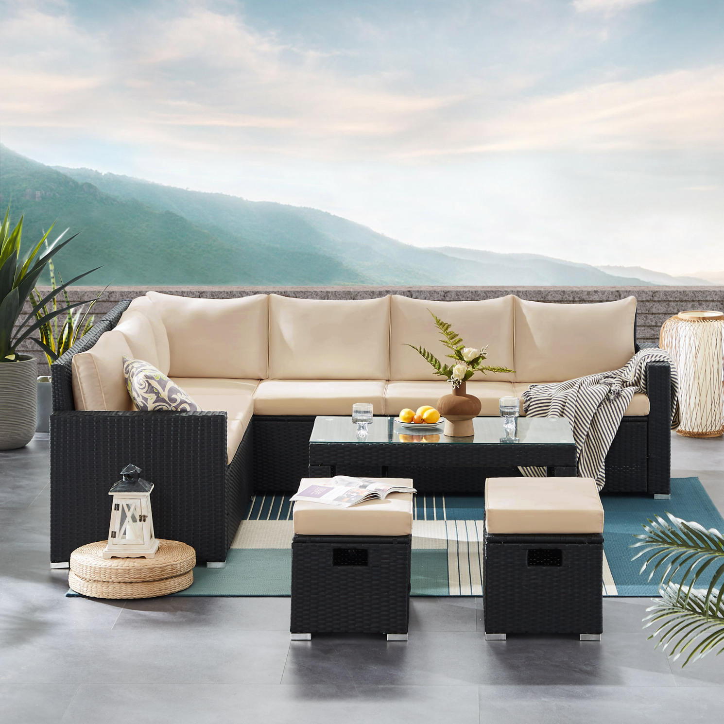 6 Pieces Outdoor Sectional Sofa Conversation Set, All Weather Wicker