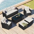 thumbnail image 1 of 6 Pieces Outdoor Wicker Conversation Set, All-Weather PE Rattan Patio Furniture Set with Dining Table, Ottomans, Removable Cushions for Garden, Poolside, Backyard, Beige, 1 of 8