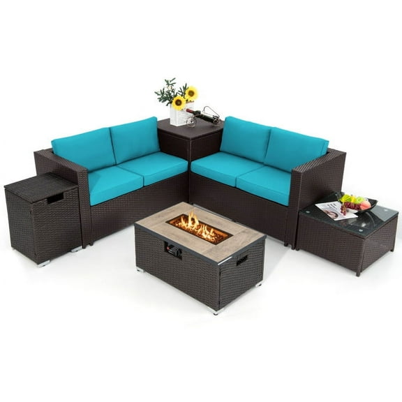 6 Pieces Outdoor Wicker Furniture Set, Deluxe Outdoor Patio with 32 Inch Propane Fire Pit Table-Turquoise