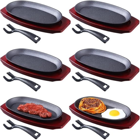 6 Pieces Oval Cast Iron Fajita Skillet Pan Set Small Sizzling Steak Plate with Wooden Base and Handle Cast Iron Fajita Skillet Sizzling Plate for Home Restaurant Barbecue Wedding Valentine's Day