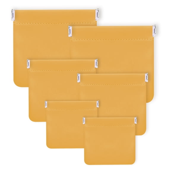 6 Pieces PU Leather Snap Closure Organizer Pouch, 3 Sizes Small Makeup Bag, No Zipper Self-Closing Portable Cosmetic Pouch for Women Coin Travel Storage Lipstick Jewelry (Yellow)
