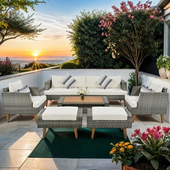 6 Pieces Patio Furniture Set Outdoor Conversation Set, All Weather PE Wicker Rattan Sectional Sofa Couch with Storage Table and Cushions, Beige