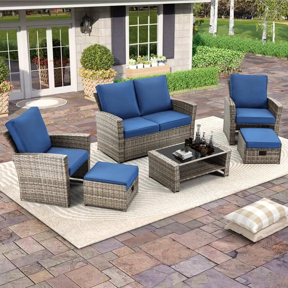 Vicluke 6-Piece Rattan Outdoor Conversation Set with Sectional Sofa, Ottoman and Storage Table, Marine