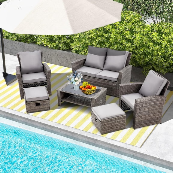 6 Pieces Patio Furniture Set, Outdoor Sectional Conversation Rattan Sofa Set with Ottoman and Outdoor Storage Table for Garden, Porch, Backyard (Dark Gray)