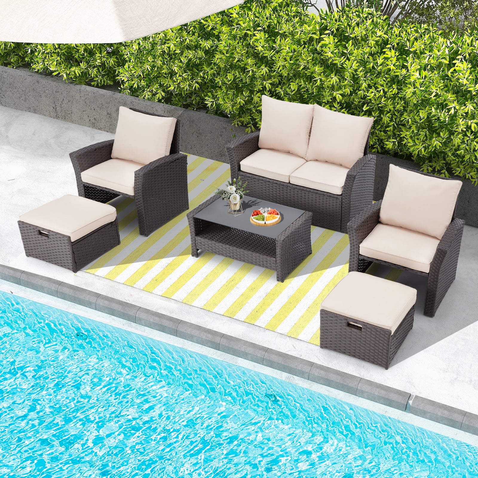 6 Pieces Patio Furniture Set, Outdoor Sectional Conversation Rattan Sofa Set with Ottoman and Outdoor Storage Table for Garden, Porch, Backyard (Kahki）