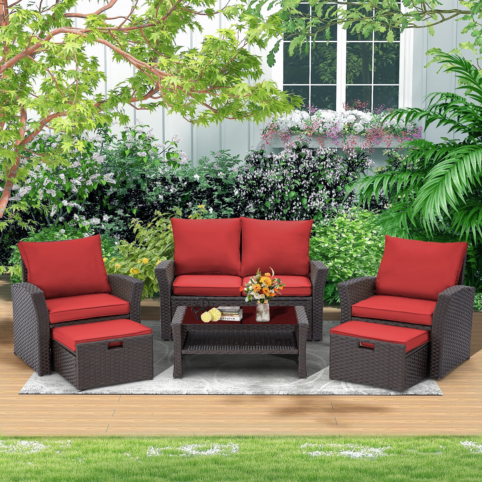 6 Pieces Patio Furniture Set, Outdoor Sectional Conversation Rattan Sofa Set with Ottoman and Outdoor Storage Table for Garden, Porch, Backyard (Red)