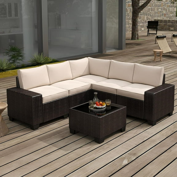 6 Pieces Patio Furniture Set, Outdoor Sectional Set of 6 w/Wide Armrest, Waterproof Wicker Conversation Set for Backyard, Deck, Beige