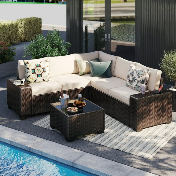6 Pieces Patio Furniture Set, Outdoor Sectional Sets, Beige