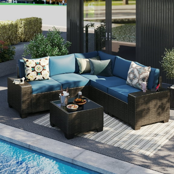 6 Pieces Patio Furniture Set, Outdoor Sectional Sets, Lake Blue