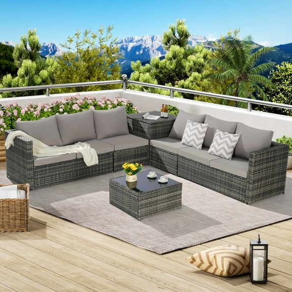 6 Pieces Patio Furniture Set, Outdoor Woven Sectional L- Shaped Patio Furniture, Wicker Conversation Set with Corner table & Glass Top Table for Backyard, Poolside, Garden, Light Gray
