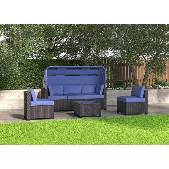 6 Pieces Patio Furniture Sets Daybed with Retractable Canopy, Outdoor Rattan Sectional Sofa Set, Wicker Patio Seating Chairs with Adjustable Backrest for Backyard,Garden,Poolside (Blue+Brown)